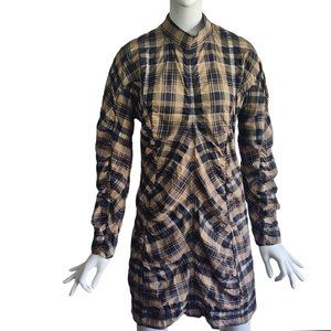 GANNI Tigers Eye Ruched Plaid Check Mock Neck Cotton Blend Curvy Mini Dress L
